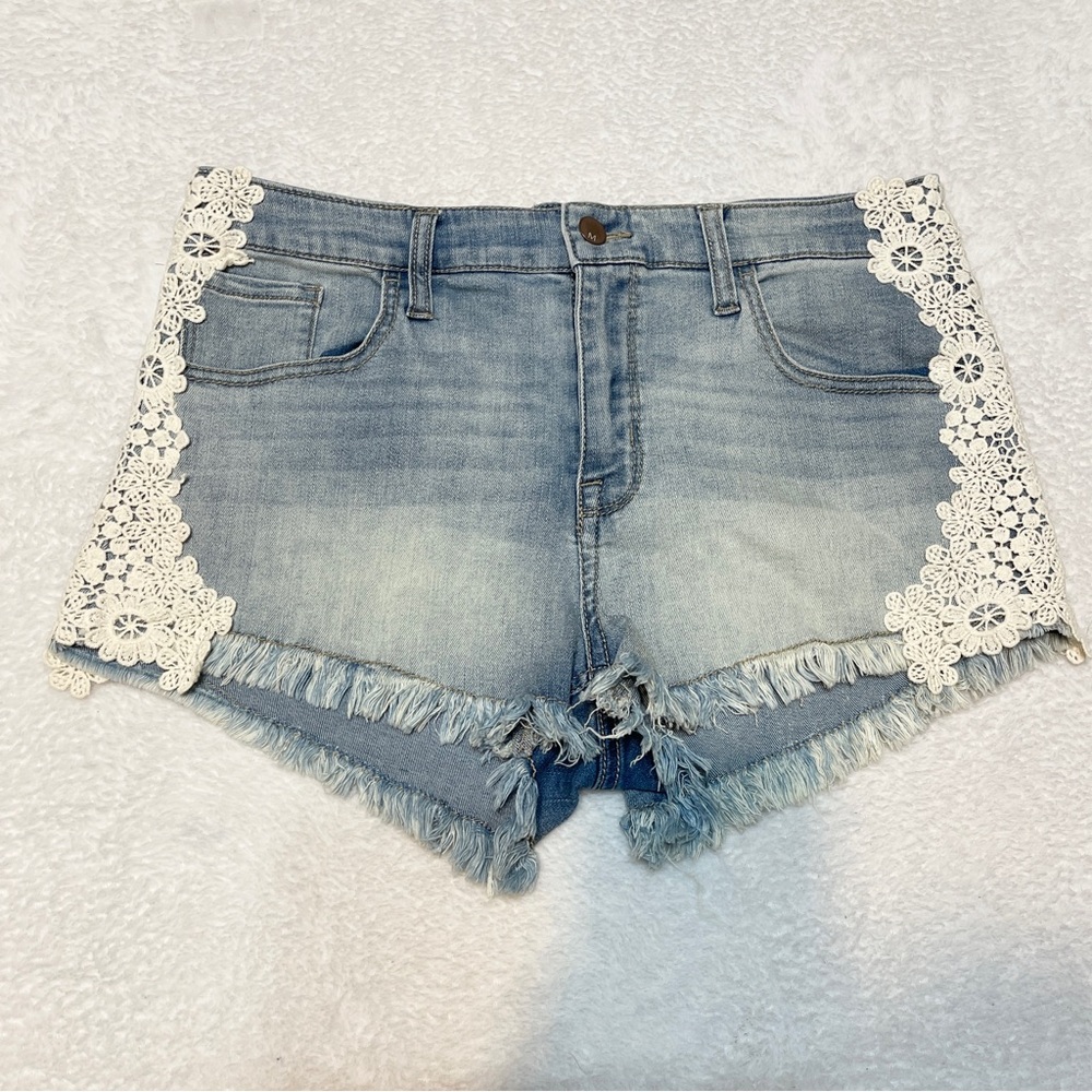 Massimo Light Blue Denim Jean Shorts with White Crochet Trim